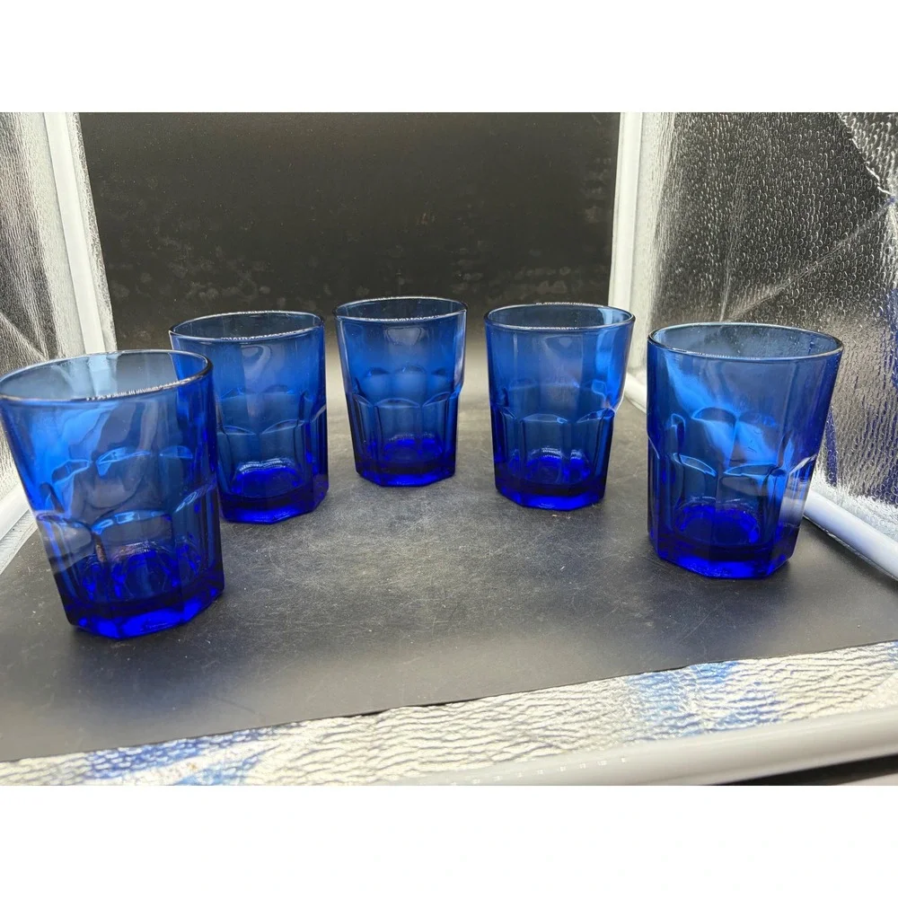 Crisa Cobalt Blue Glass Tumblers Set of 5 Paneled Drinking Glasses 6oz
